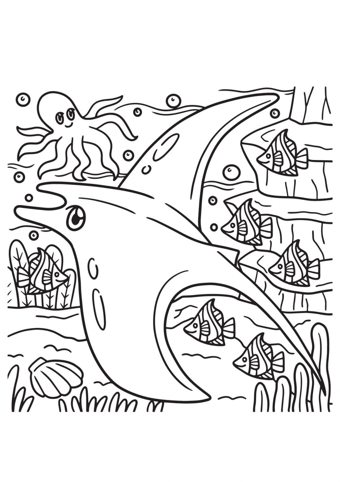 Coloring page featuring various sea creatures